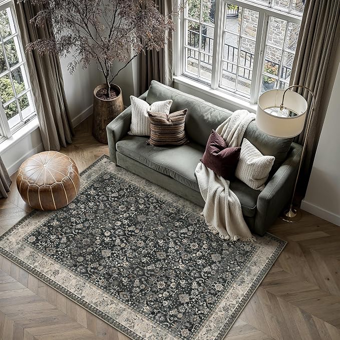 3x5 Black Beige Vintage Floral Washable Area Rug by HUGEAR