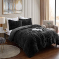 King Luxury Faux Fur Comforter Set - Soft & Breathable 7-Piece Bedding Collection - 1 Comforter, 1 Fitted Sheet, 1 Flat, 2 Pillowcases, 2 Pillow Shams - Deep Pocket - Premium Quality, Black