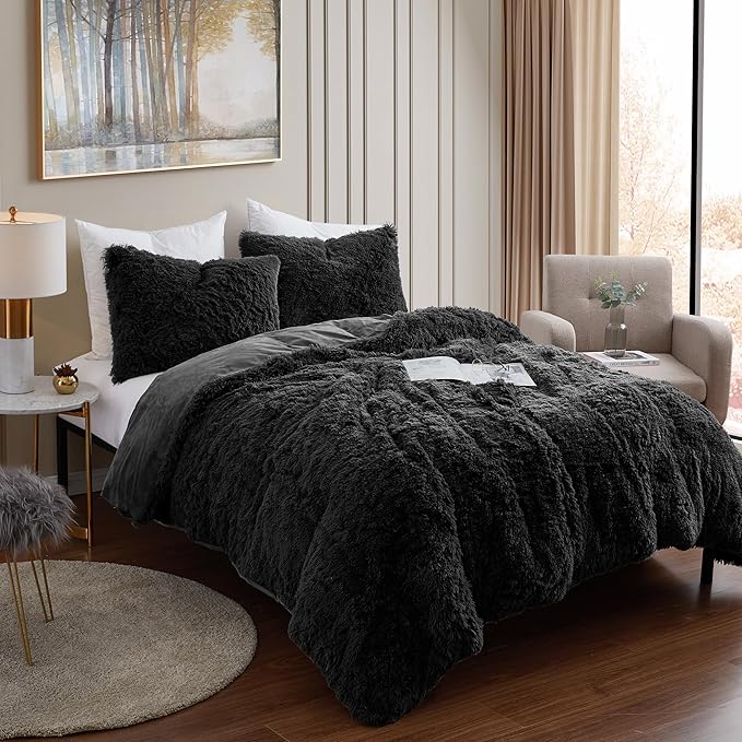 King Luxury Faux Fur Comforter Set - Soft & Breathable 7-Piece Bedding Collection - 1 Comforter, 1 Fitted Sheet, 1 Flat, 2 Pillowcases, 2 Pillow Shams - Deep Pocket - Premium Quality, Black