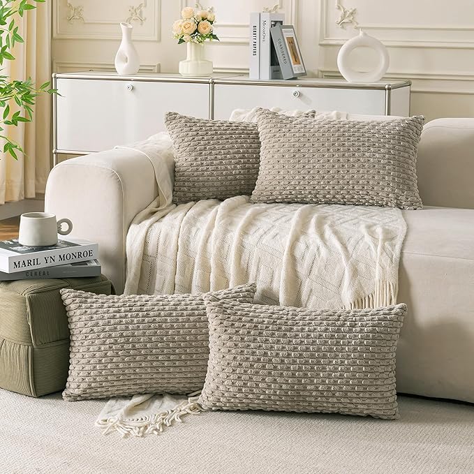 Set of 4 Taupe Decorative Throw Pillow Covers 12x20 Inch Corduroy Pillow Covers by Cozoomy
