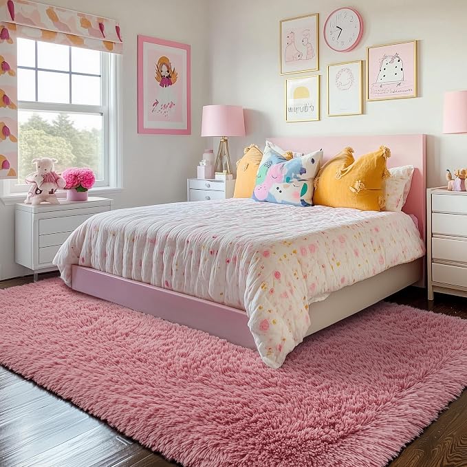 Blush Pink Fluffy Shag Area Rugs - Image 5