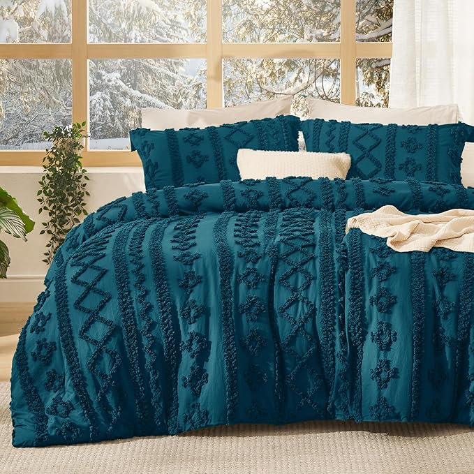 Bedsure Tufted Boho Comforter Set California King - Teal Boho Bed Set, GentleSoft 3 Pieces Farmhouse Shabby Chic Embroidery Bedding, Gifts for Woman, Soft Jacquard Comforter for All Seasons