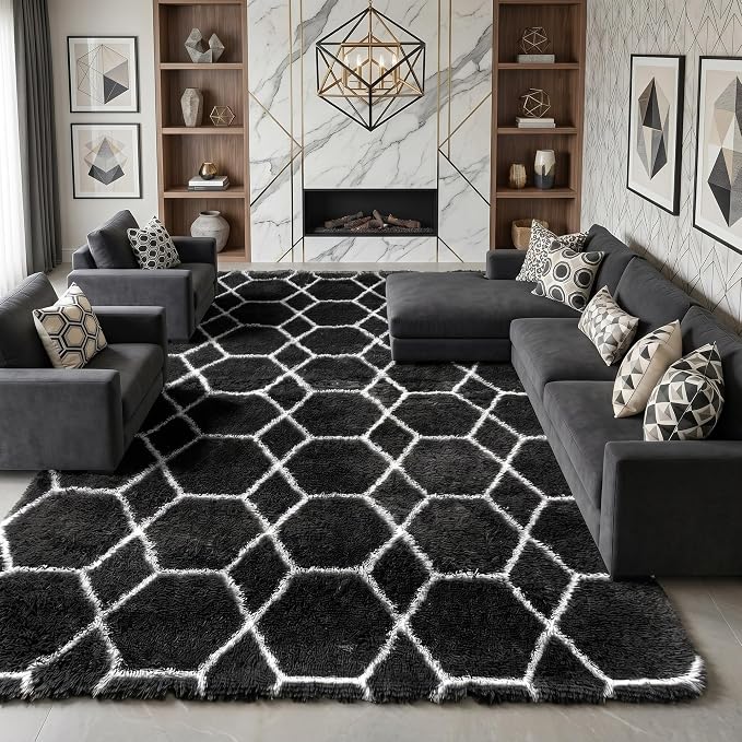 Area Rugs for Living Room, 7x10 Fluffy Black and White Modern Bedroom Rug | by ONASAR