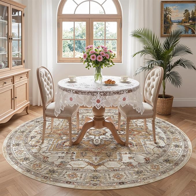 Madane Washable 5ft Circle Round Rug, 5x5 Circular Area Rugs, Turmeric/Grey | - Image 4
