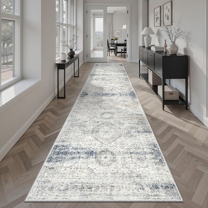 Soalmost Runner Rug 2x10 Washable Hallway Kitchen Runners Blue/Ivory | Non-Slip by Soalmost