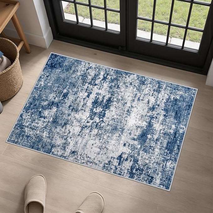 2x3 Washable Entryway Rug: Modern Abstract Indoor Soft Carpet Blue | by FXRHLP