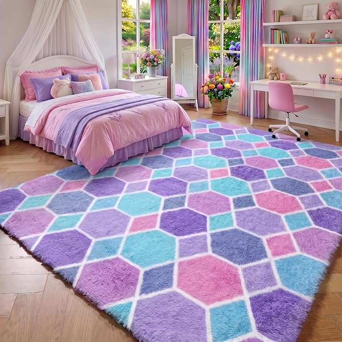 Checkered 6x9 Area Rugs for Living Room, Fluffy Purple Rainbow Girls Rug | Soft by ONASAR