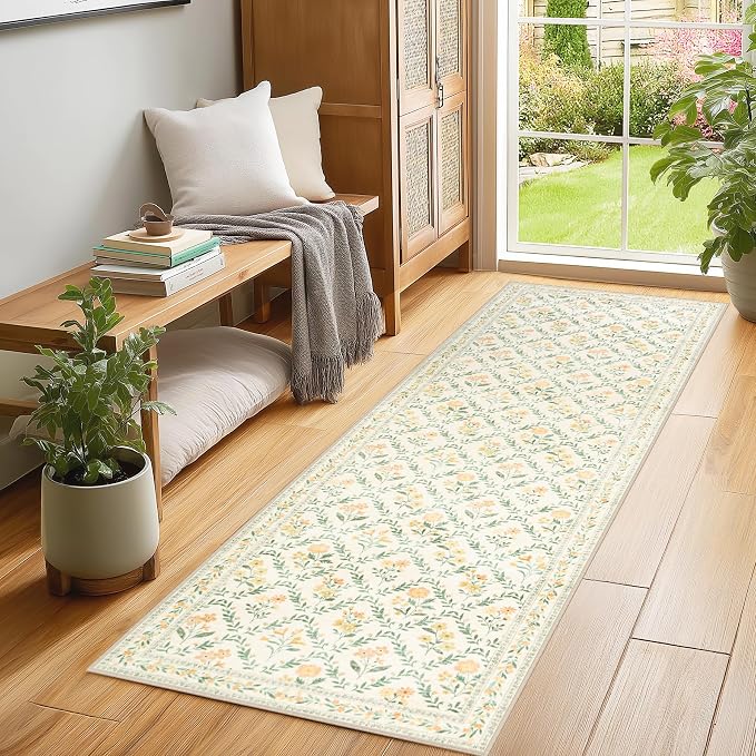PLHXFR 2.6x8 Washable Runner Rug：Floral Indoor Kitchen Carpet Beige Multi | - Image 3