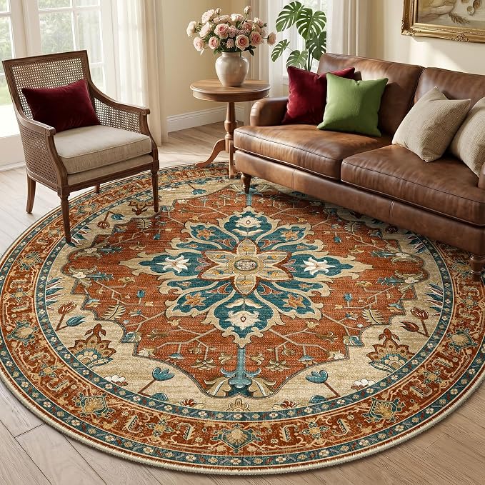 RELEANY Washable Area Rug, Round 6ft, Water Repellent, Pet Friendly, Vintage - Image 2