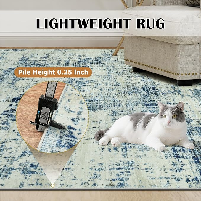 10x14 Washable Area Rug for Living Room Bedroom: Non-Slip Modern Blue Gray | - Image 6