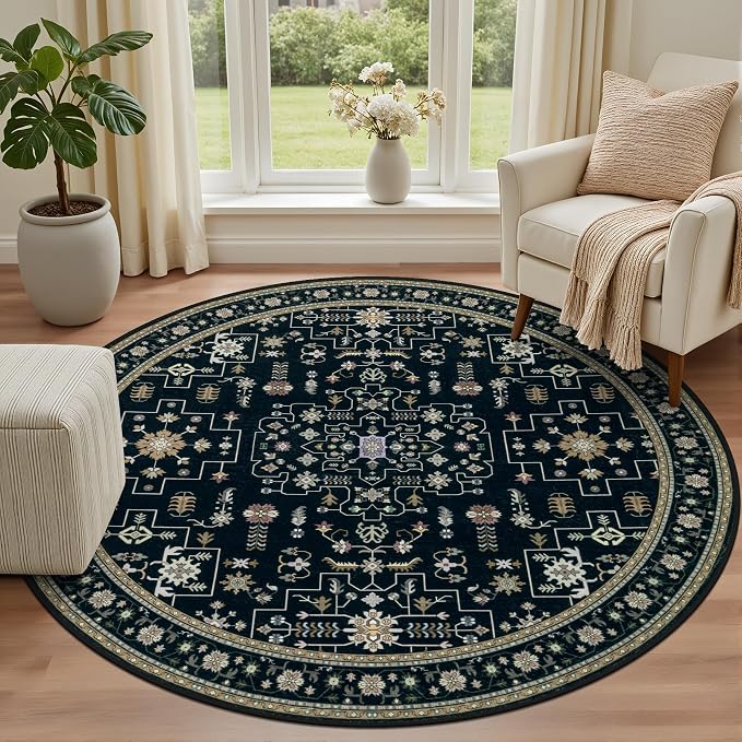 Round Area Rug for Living Room: 6ft Washable Rug for Bedroom Black | Vintage - Image 2