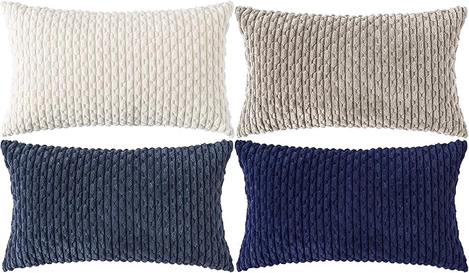 Set of 4 Navy White Taupe Decorative Throw Pillow Covers 12x20 Inch Corduroy by Cozoomy