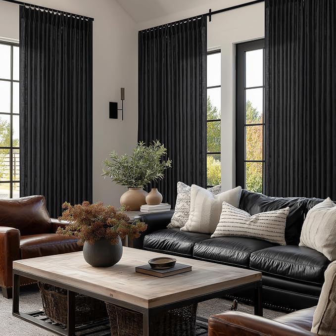Pinch Pleat Light Filtering Sheer Black Linen Curtains 86 Inch Long 2 Panel | - Image 8
