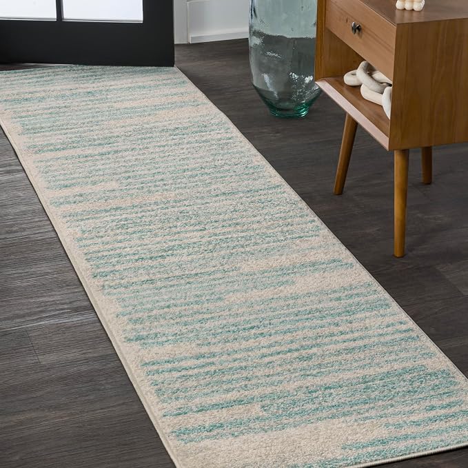JONATHAN Y Khalil Modern Berber Stripe Cream/Turquoise Runner Rug, Contemporary by JONATHANY