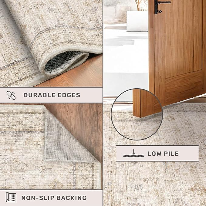 Washable Ivory Beige Living Room Rug, 8x12 Non Slip Area Rugs - Image 5