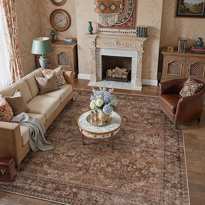 8x10 Brick Red Vintage Floral Washable Area Rug - Image 3