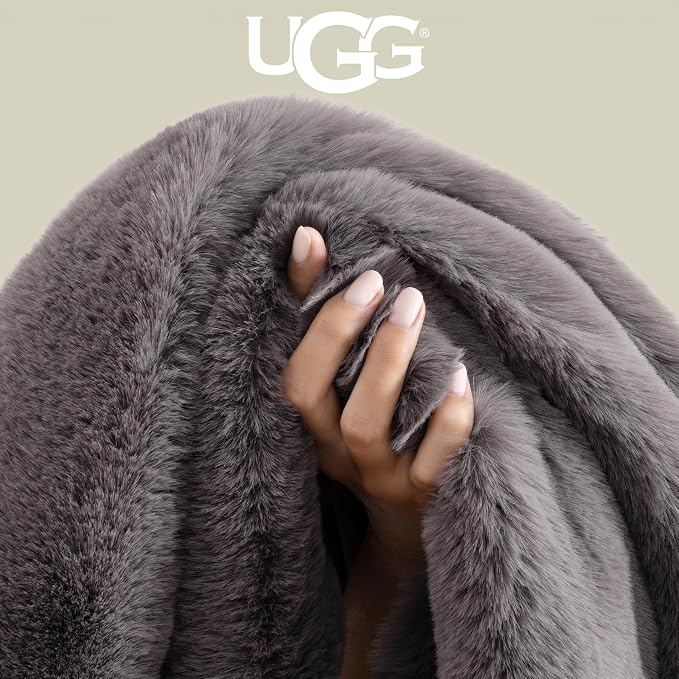 UGG Euphoria Throw Blanket, Faux Fur Blanket, Charcoal Grey | Reversible Fluffy - Image 4