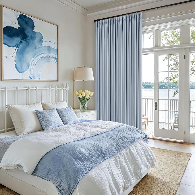 Blue Pinch Pleated Linen Blackout Dual Layer Curtains 108 Inches Length | Light - Image 8