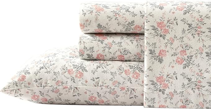 Laura Ashley - Flannel Sheets Twin Size, Anti-Pilling & Wrinkle Resistant Cotton, Touchably Soft for All-Season Comfort - Bed Sheets with Matching Pillowcase & Fitted Sheet (Rosalie Grey)