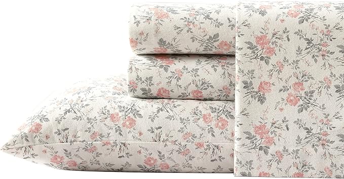 Laura Ashley - Flannel Sheets King Size, Anti-Pilling & Wrinkle Resistant Cotton, Touchably Soft for All-Season Comfort - Bed Sheets with Matching Pillowcases & Fitted Sheet (Rosalie Grey)