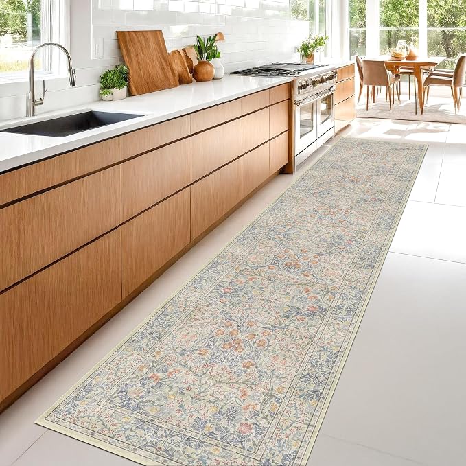 Beige Blue Washable 2'6"x10' Wide Hallway Runners, Kitchen Runner Rug, Non-Slip - Image 3