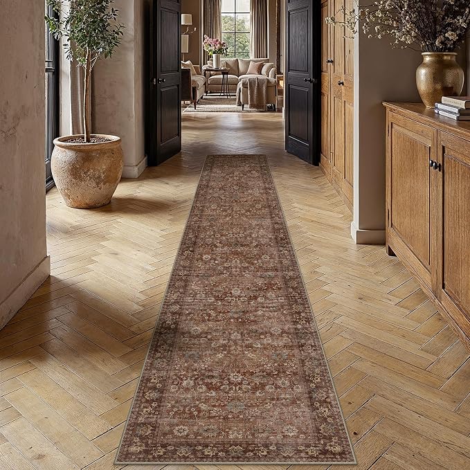2x12 Brick Red Vintage Floral Washable Runner Rug by HUGEAR