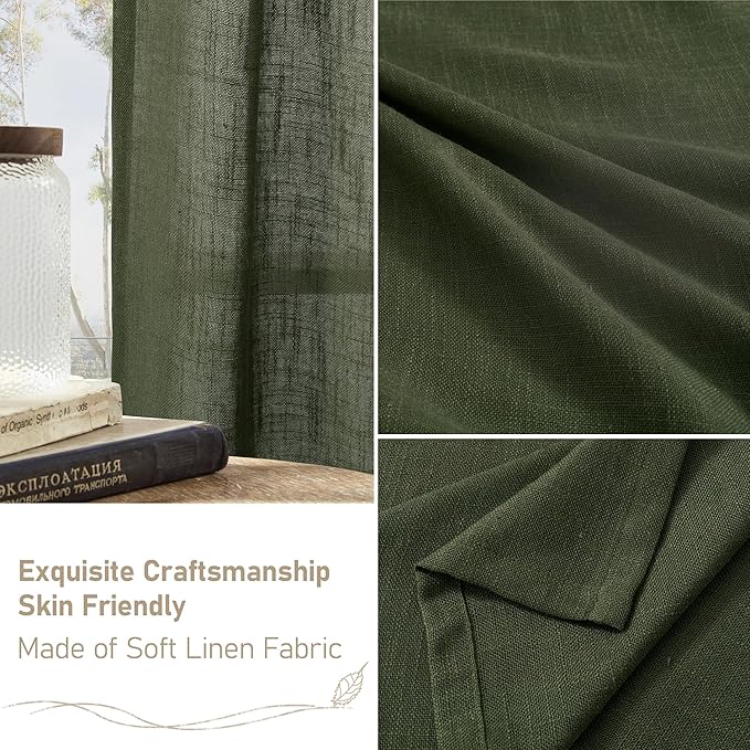Olive Green Linen Window Sheer Curtains 30 Inches Long 2 Panels | Semi Sheer - Image 6
