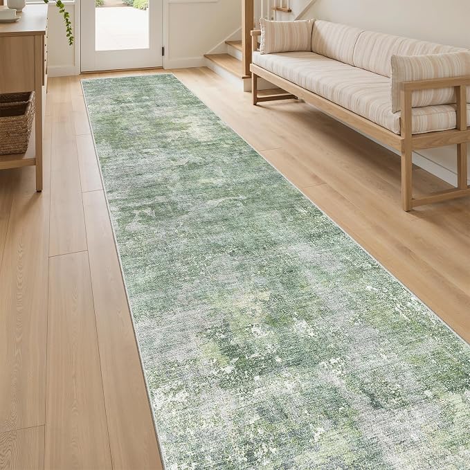 Soalmost Abstract Runner Rug 2x10 Hallway Kitchen Runners Green/Ivory | Vintage - Image 3