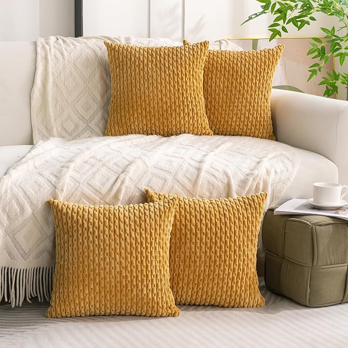 Set of 4 Mustard Yellow Decorative Throw Pillow Covers 20x20 Inch Corduroy - Image 9