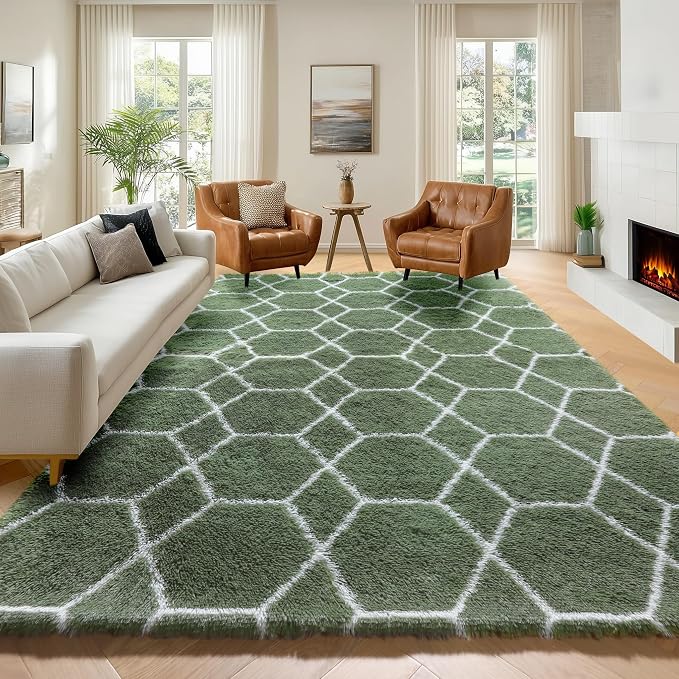 5x7 Area Rugs for Living Room Bedroom, Fluffy Olive Green and White Rug | by ONASAR