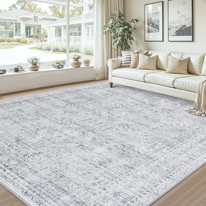 10x14 Area Rugs Living Room: Bedroom Neutral Washable Carpet Gray | Vintage - Image 9