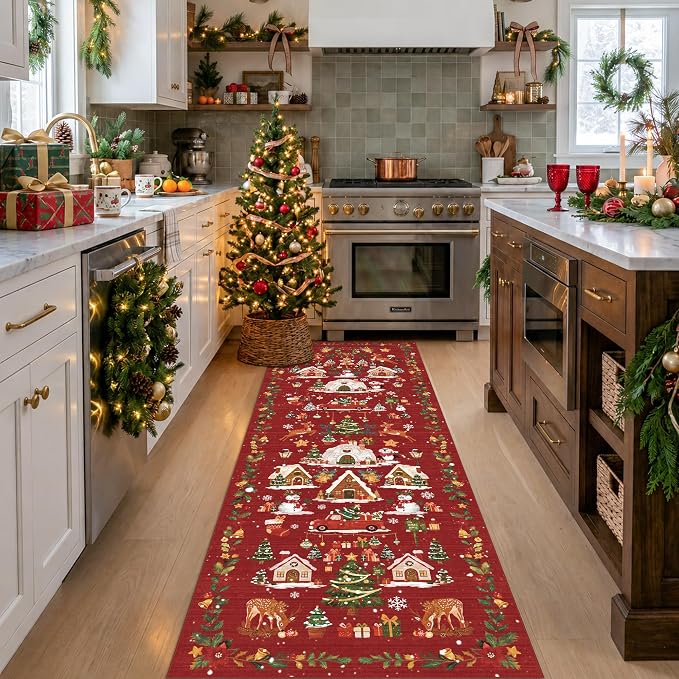 Red 2x6 Kitchen Runner Rug: Non-Slip Printed Hallway Christmas Tree Rugs by HYHAOYUNLAI
