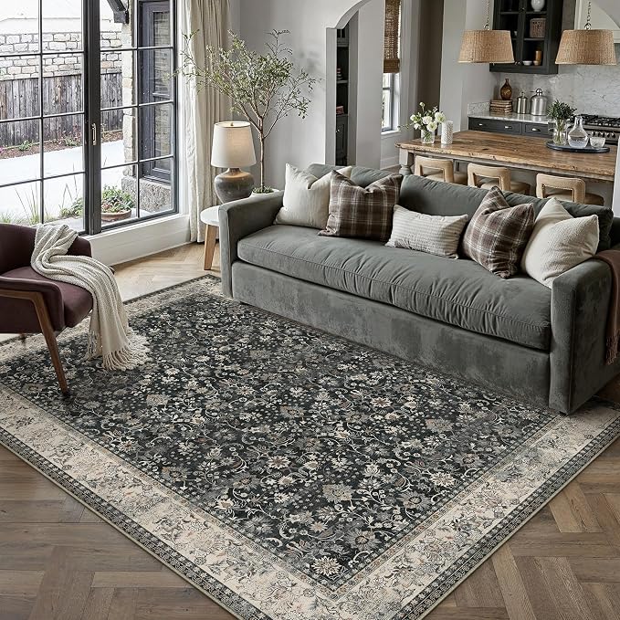 5x7 Black Beige Vintage Floral Washable Area Rug by HUGEAR