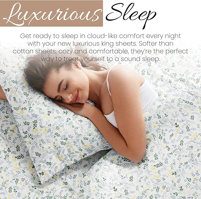 Linen Market 4 Piece King Sheet Set - Breathable, Double-Brushed Patterned Cooling Sheets – Oeko-TEX Certified Ultra Soft & Wrinkle-Free 16" Deep-Pocket King Sheets - Easy Care Wildflower Light Blue