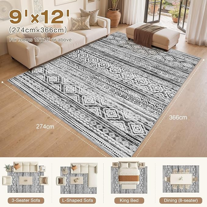 cotiled Boho 9x12 Area Rug for Living Room: Large Moroccan Washable Rug | Solve - Image 2