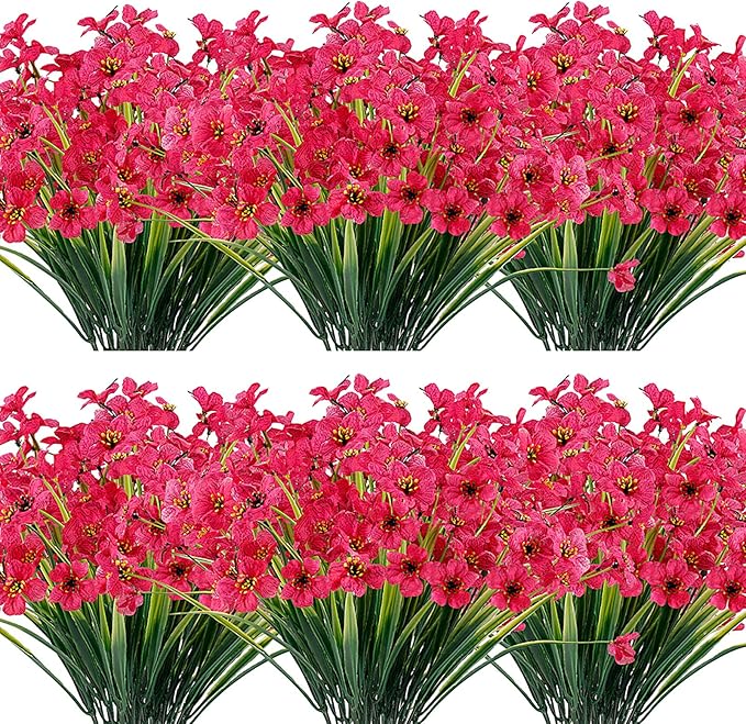 20 Bundles Artificial Flowers Outdoor UV Resistant Fake Flowers No Fade Faux Plastic Plants Garden Porch Window Box Decorating(Rose Red)…