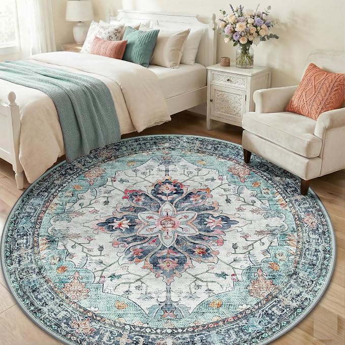 RELEANY Washable Area Rug, Round 6ft, Teal Green/White/Navy | Non-Slip - Image 3