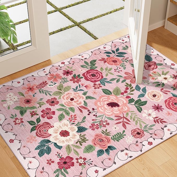 DUKINO 2x3 Entryway Rug, Floral Door Mat Soft Washable Rug Non Slip, - Image 6