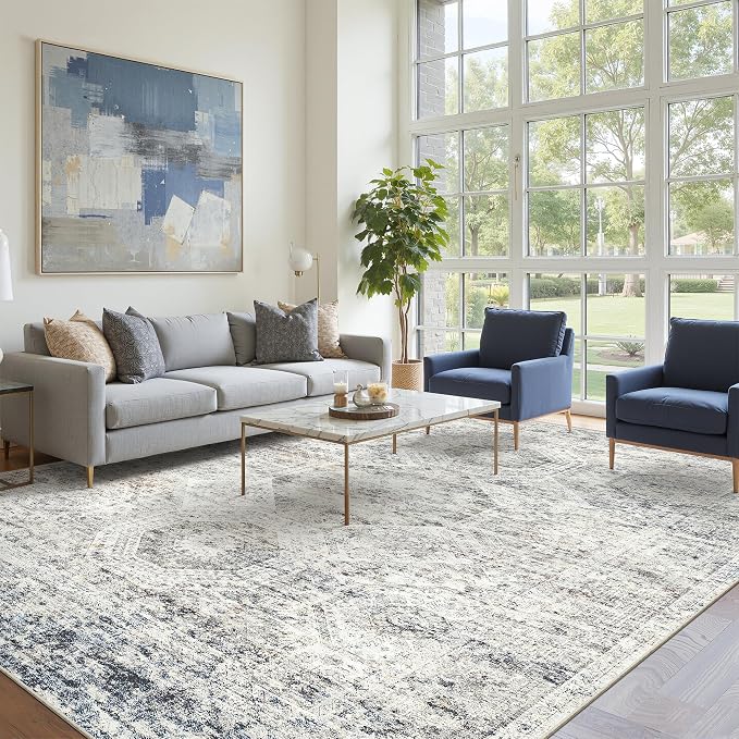 Soalmost 10x14 Area Rugs for Living Room Washable Rug Non-Slip Blue/Ivory | - Image 3