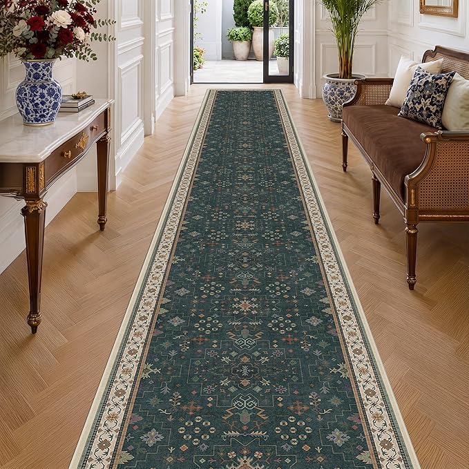Washable 3x20 Dark Green Hallway Runner Rug by HazoHaus