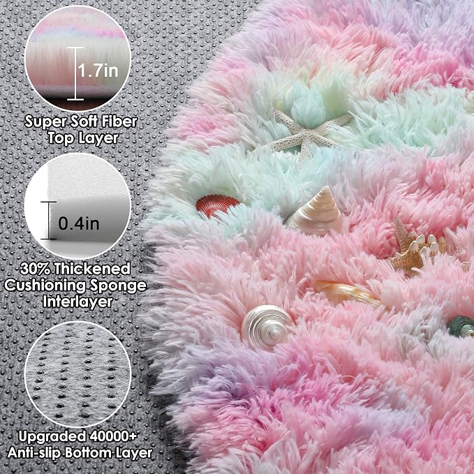 Rainbow Round Area Rug 4ft, Soft Bedroom Circle Rugs Mats - Image 2