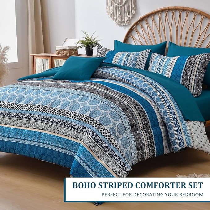 Cottolester Boho Comforter Set King Size,8 Pieces Teal Blue Bohemian Striped Bed in a Bag,Paisley Soft Microfiber Bedding Comforter Set