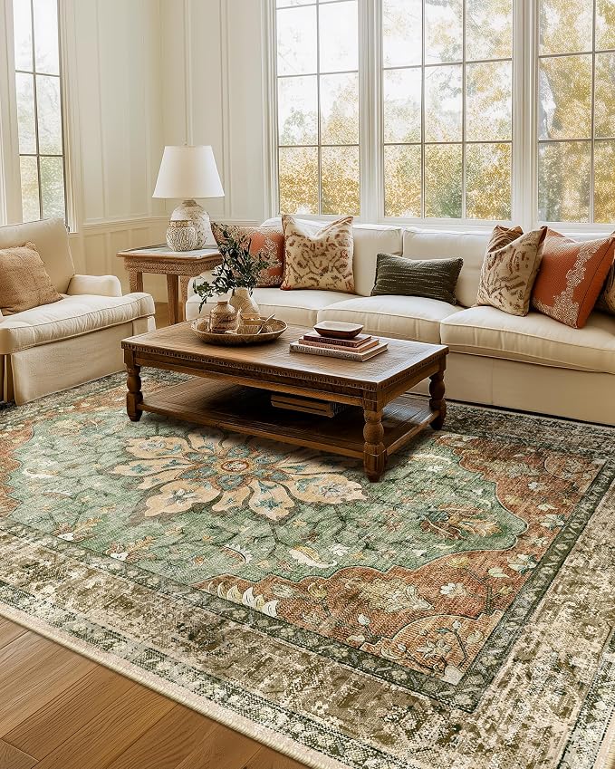 RELEANY Washable Area Rug, Brick/Brown/Green | Non-Slip, Water Repellent by RELEANY