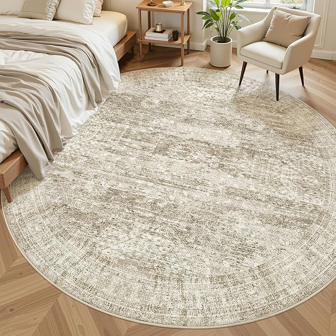 Soalmost Round Rugs 9ft Living Room Circle Area Rug 9x9 Brown Vintage | - Image 4