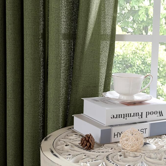 YoungsTex Olive Green Linen Semi Sheer Curtains 80 Inch Length 2 Panels | Light - Image 8