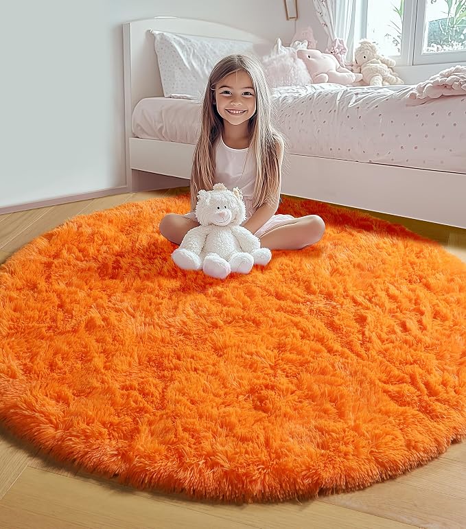 Orange Round Rugs 5ft for Bedroom Living Room, Fluffy Circle Area Rug for Kids - Image 3