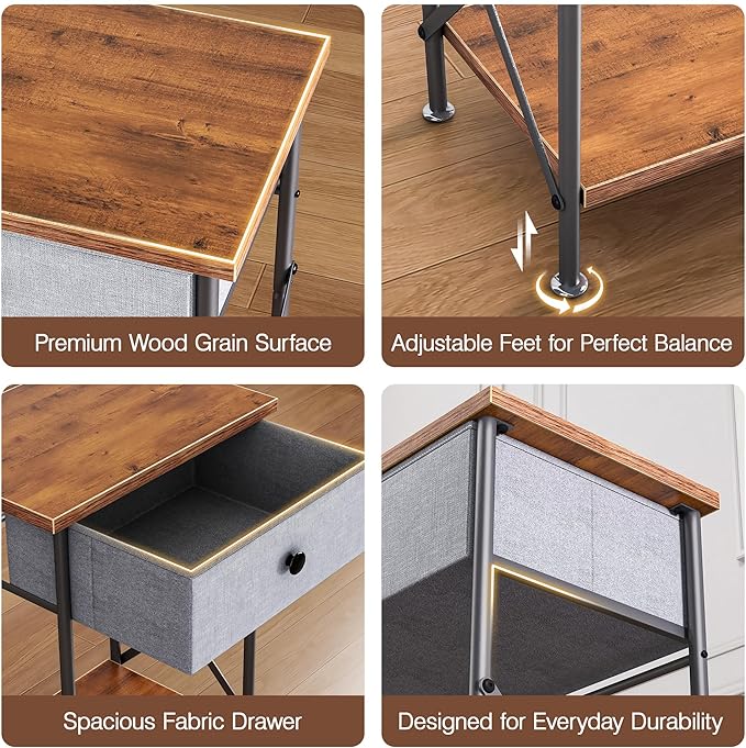 VECELO Nightstand with Drawer, Small Bedside Table with Storage and Adjustable Metal Legs, Wood End Table for Bedroom or Living Room, Perfect for Small Spaces and Modern Farmhouse Décor, Retro Brown