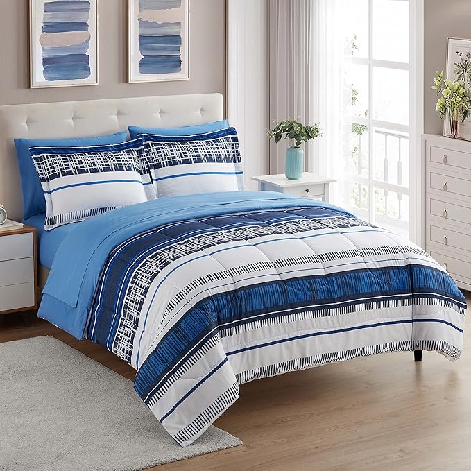Sweet Home Collection 7 Piece Comforter Set Bag Solid Color All Season Soft Down Alternative Blanket & Luxurious Microfiber Bed Sheets, Mediterranean, Queen