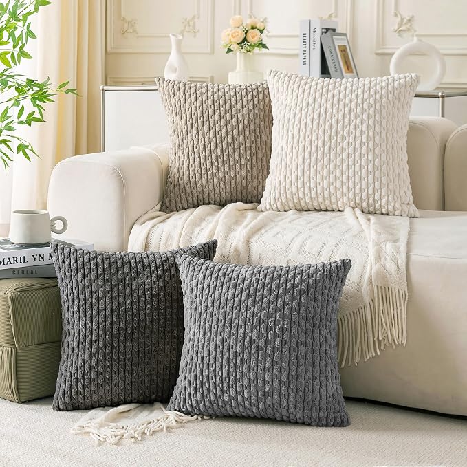Set of 4 Grey White Taupe Decorative Throw Pillow Covers 18x18 Inch Corduroy by Cozoomy