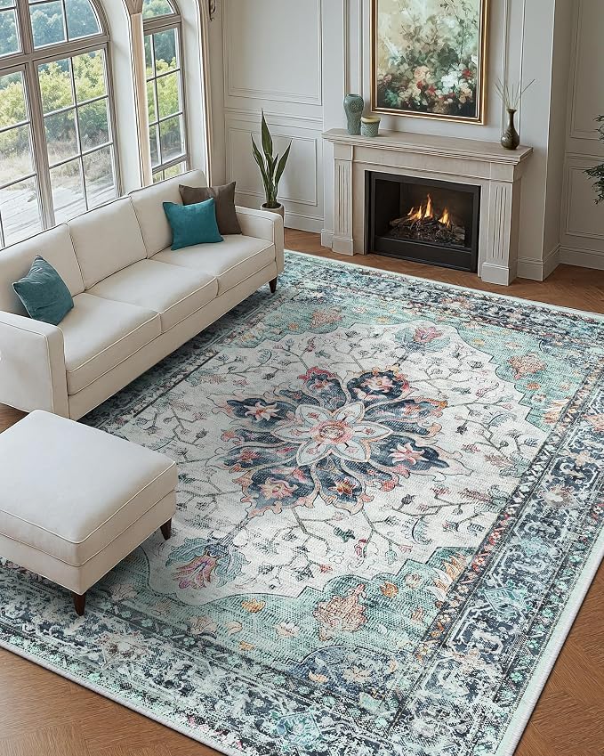 RELEANY Washable Area Rug, Large 9'x12', Teal Green/White/Navy | Non-Slip - Image 2